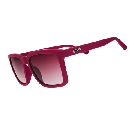 Goodr Living Highlight Reel sunglasses, side view of square magenta frames with gradient lenses