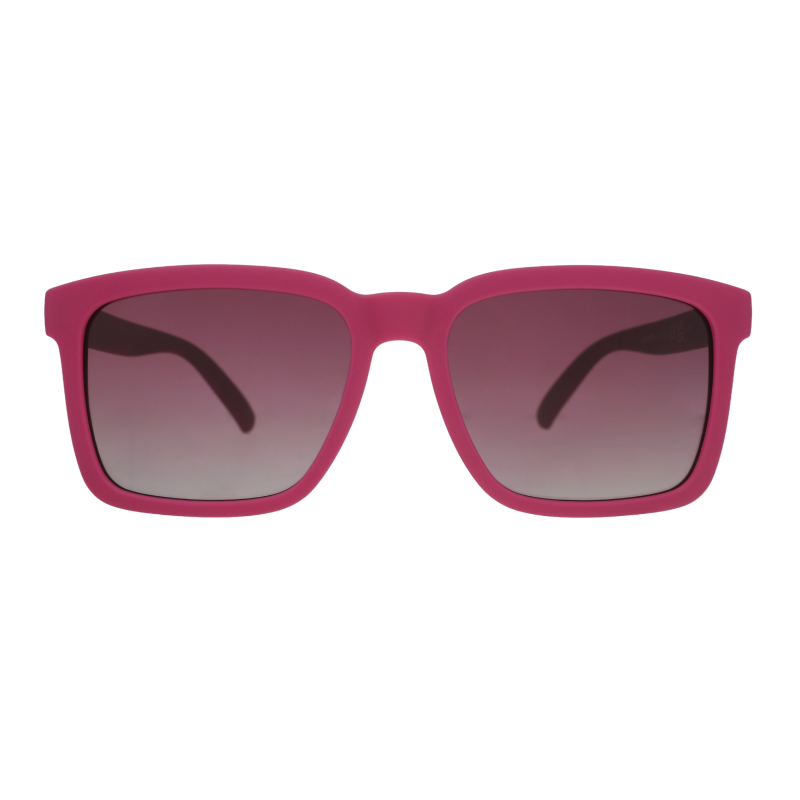 Front view of the Goodr Living Highlight Reel sunglasses with square magenta frames and dark gradient lenses