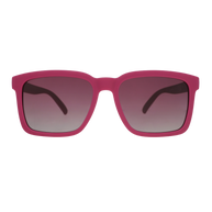 Front view of the Goodr Living Highlight Reel sunglasses with square magenta frames and dark gradient lenses