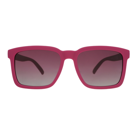 Front view of the Goodr Living Highlight Reel sunglasses with square magenta frames and dark gradient lenses