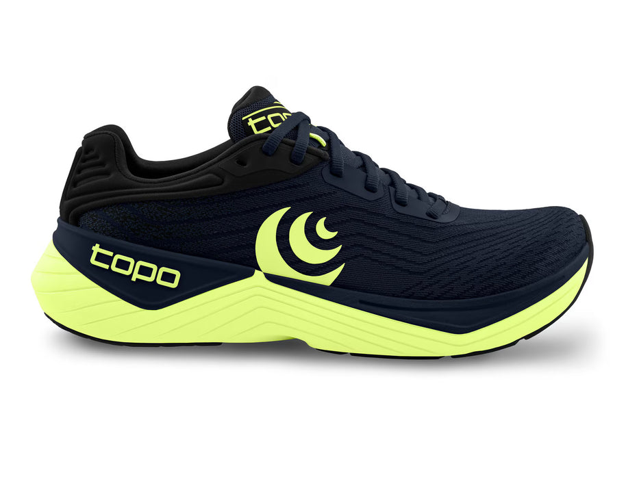 Ultrafly 5 - Men by Topo Athletic in black and neon yellow, cushioned road running shoe with stability features for comfort and performance
