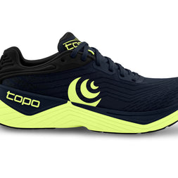 Ultrafly 5 - Men by Topo Athletic in black and neon yellow, cushioned road running shoe with stability features for comfort and performance