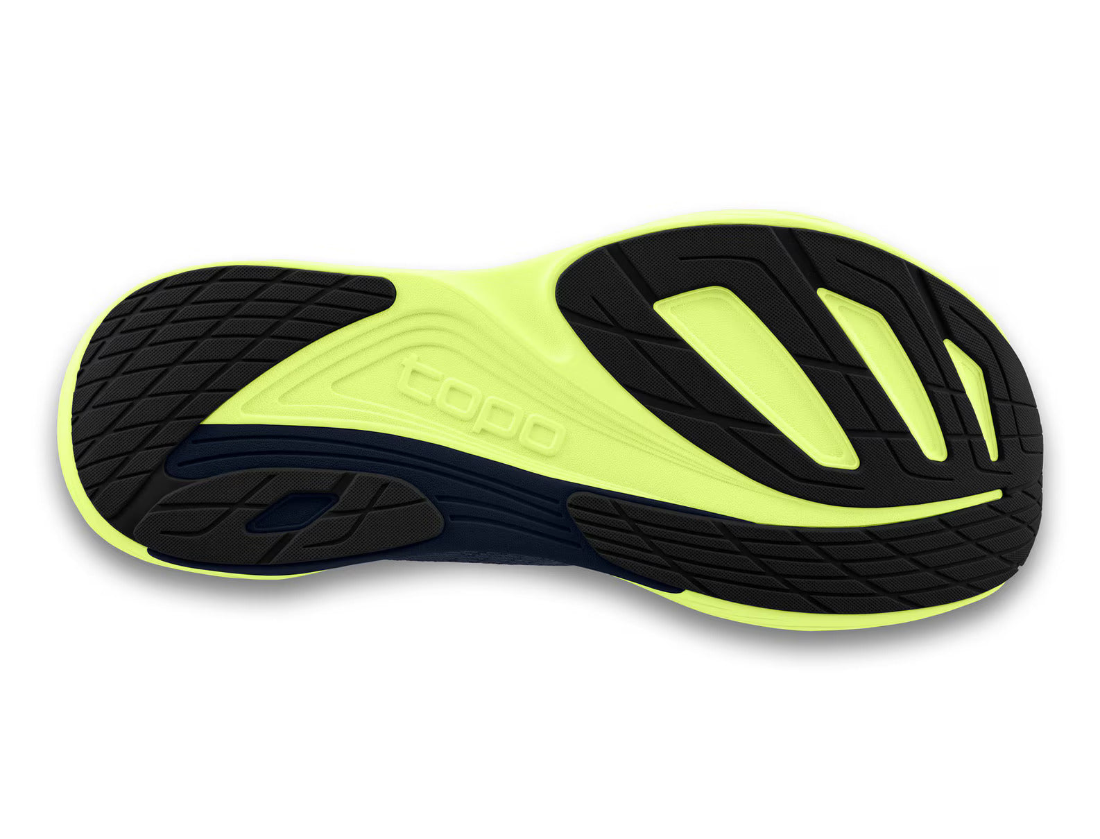 Ultrafly 5 - Men by Topo Athletic in black and neon yellow with cushioned sole, medial post, and TPU for stable road running