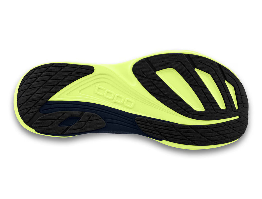 Ultrafly 5 - Men by Topo Athletic in black and neon yellow with cushioned sole, medial post, and TPU for stable road running