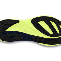 Ultrafly 5 - Men by Topo Athletic in black and neon yellow with cushioned sole, medial post, and TPU for stable road running