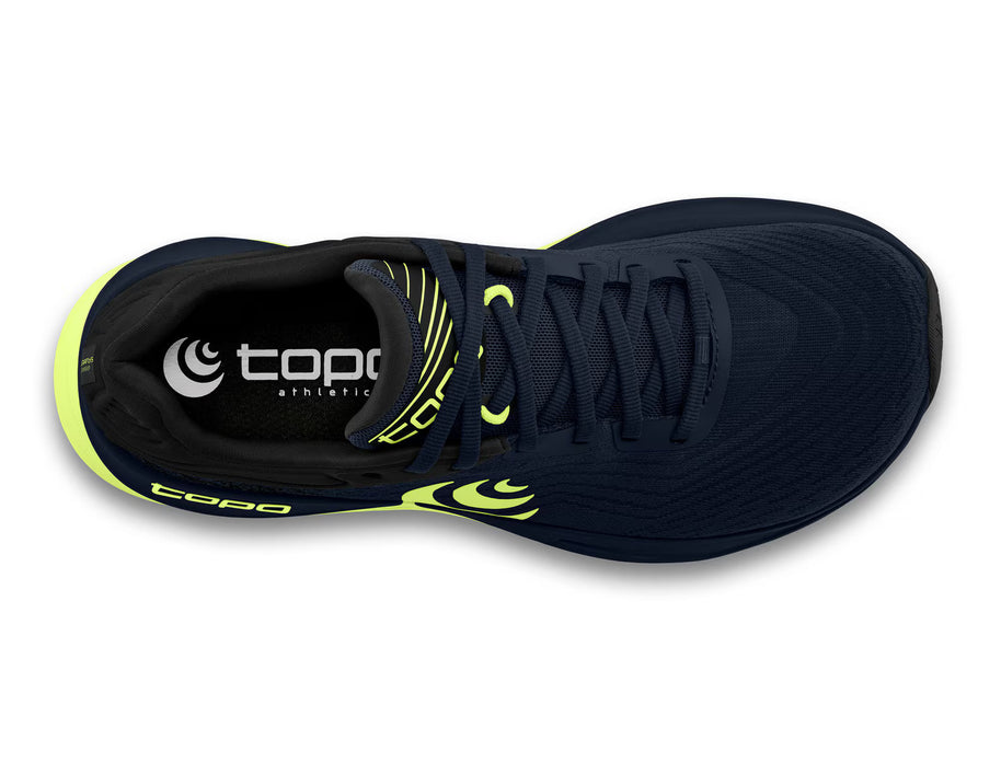 Ultrafly 5 - Men by Topo Athletic in navy and lime with medial post and TPU support, cushioned road running shoe ideal for stability and comfort