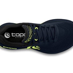 Ultrafly 5 - Men by Topo Athletic in navy and lime with medial post and TPU support, cushioned road running shoe ideal for stability and comfort