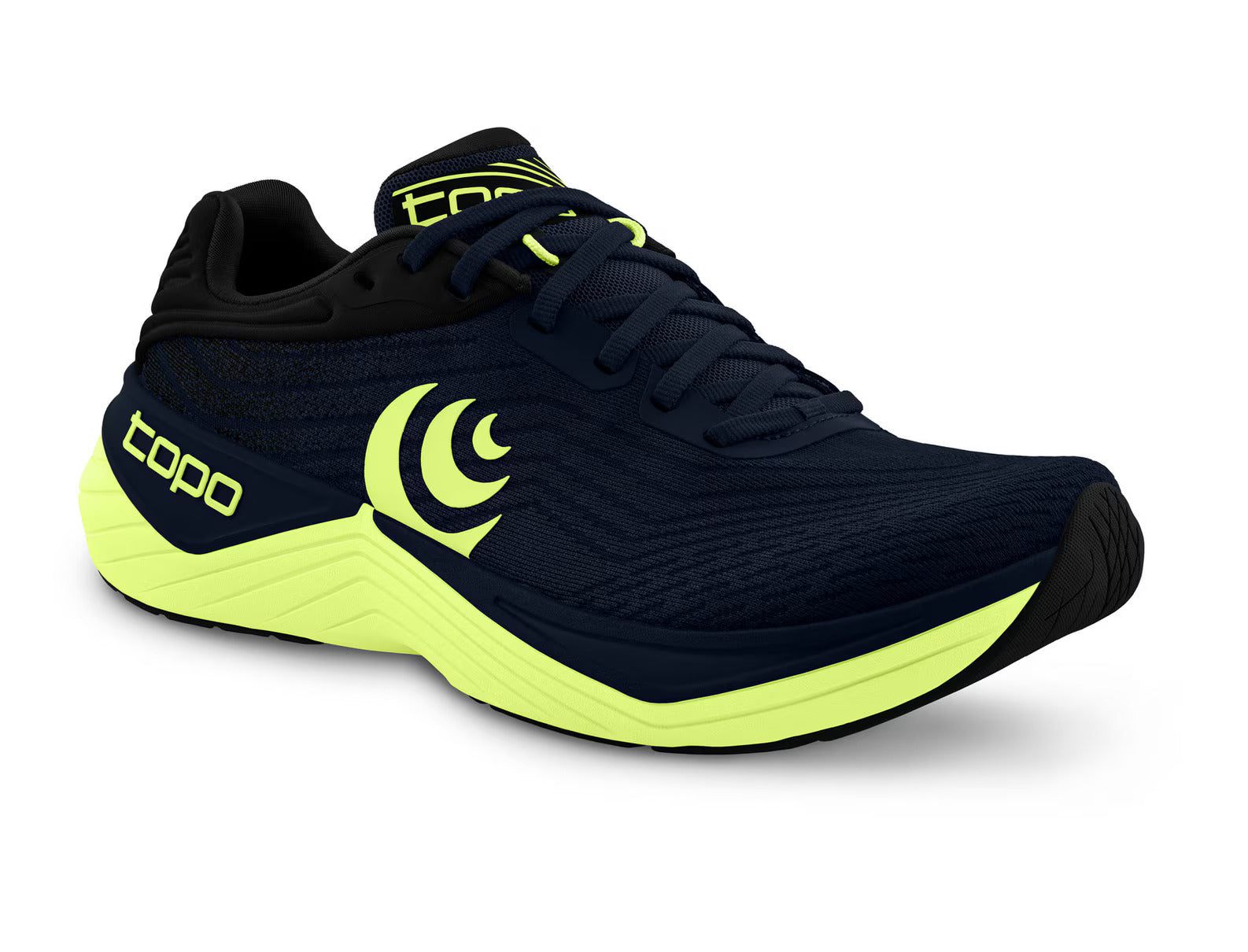 Ultrafly 5 - Men by Topo Athletic in black and neon yellow, cushioned road running shoe with medial post and TPU stability features