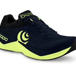 Ultrafly 5 - Men by Topo Athletic in black and neon yellow, cushioned road running shoe with medial post and TPU stability features