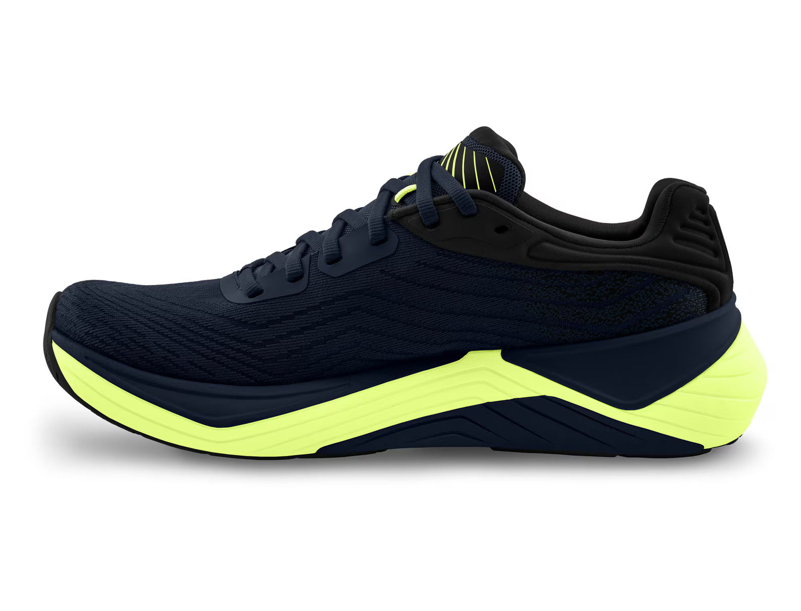 Ultrafly 5 - Men by Topo Athletic in black and neon yellow with medial post and TPU for stable cushioned road running