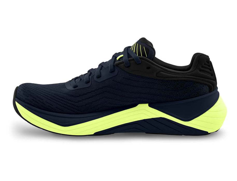 Ultrafly 5 - Men by Topo Athletic in black and neon yellow with medial post and TPU for stable cushioned road running