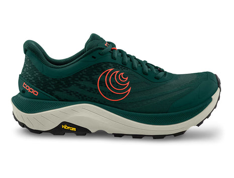 Ultraventure 4 - Men by Topo Athletic in green with orange accents, plush cushioned trail running shoe for comfort and support