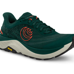 Ultraventure 4 - Men by Topo Athletic in dark green and orange with plush platform, roomy fit, designed for trail running and outdoor use