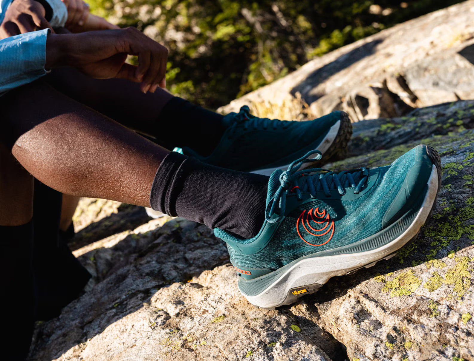 Ultraventure 4 - Men by Topo Athletic in teal and orange, plush platform trail running shoe ideal for comfort and outdoor trails