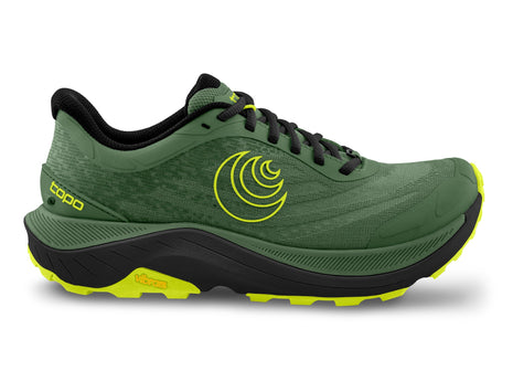 Topo Ultraventure 4 men's trail running shoe in Green/Black, side view of green upper with black and lime midsole