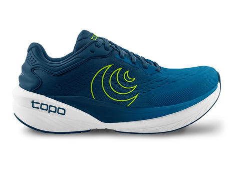 Topo Phantom 4 men's road running shoe in Blue/Lime, side view of blue upper with lime logo and white midsole