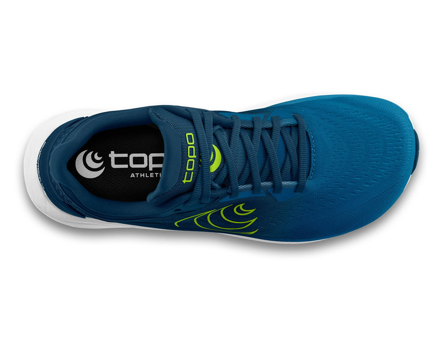Top-down view of the Topo Phantom 4 men's road running shoe in Blue/Lime, showing the wide toe box
