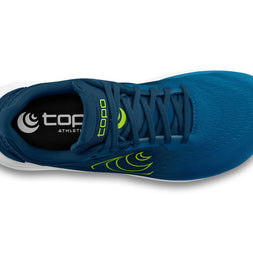 Top-down view of the Topo Phantom 4 men's road running shoe in Blue/Lime, showing the wide toe box