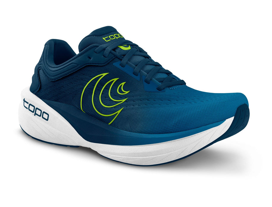 Topo Phantom 4 men's road running shoe in Blue/Lime, front three-quarter view