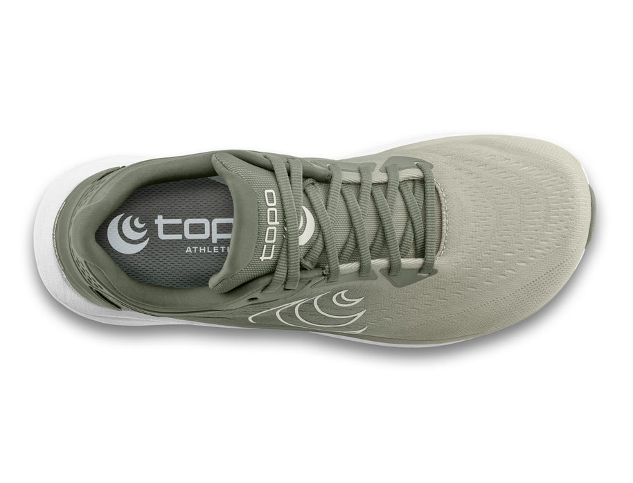 Top-down view of the Topo Phantom 4 men's road running shoe in Khaki/White, showing the wide toe box