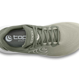 Top-down view of the Topo Phantom 4 men's road running shoe in Khaki/White, showing the wide toe box