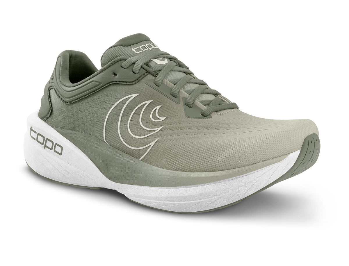 Topo Phantom 4 men's road running shoe in Khaki/White, front three-quarter view
