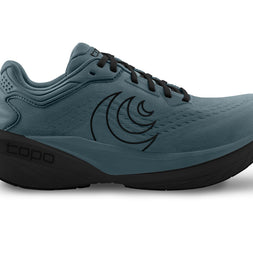 Topo Phantom 4 men's road running shoe in Stone/Black, side view of slate blue upper and black midsole