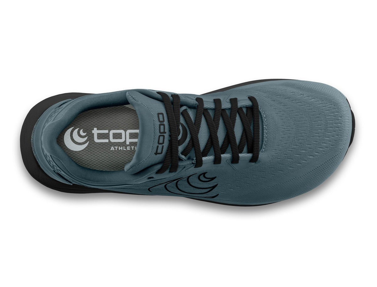 Top-down view of the Topo Phantom 4 men's road running shoe in Stone/Black, showing the wide toe box