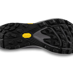 MTN Racer 4 - Men by Topo Athletic in black and grey with Vibram outsole for max cushioning and technical trail running protection