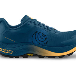 MTN Racer 4 - Men by Topo Athletic in blue and yellow, max-cushioned trail runner with ZipFoam midsole for rugged terrain running
