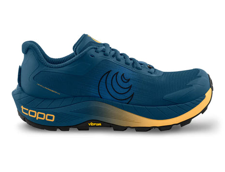MTN Racer 4 - Men by Topo Athletic in blue and yellow, max-cushioned trail runner with ZipFoam midsole for rugged terrain running