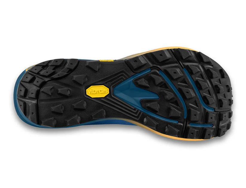MTN Racer 4 - Men by Topo Athletic in black and blue with Vibram sole, cushioned trail runner for rugged, technical terrain and outdoor use
