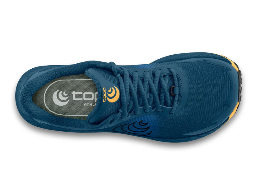 MTN Racer 4 - Men by Topo Athletic in blue and yellow with ZipFoam cushioning for rugged trail running on technical terrain