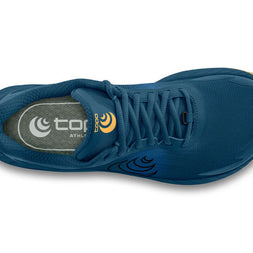 MTN Racer 4 - Men by Topo Athletic in blue and yellow with ZipFoam cushioning for rugged trail running on technical terrain