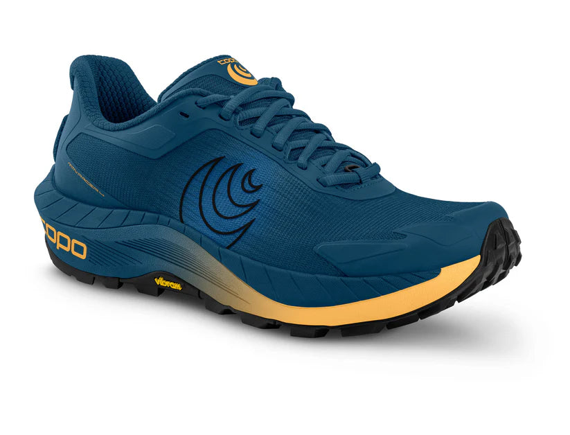 MTN Racer 4 - Men by Topo Athletic in blue and yellow, max-cushioned trail runner with ZipFoam™ midsole for rugged terrain