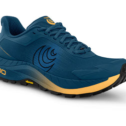 MTN Racer 4 - Men by Topo Athletic in blue and yellow, max-cushioned trail runner with ZipFoam™ midsole for rugged terrain