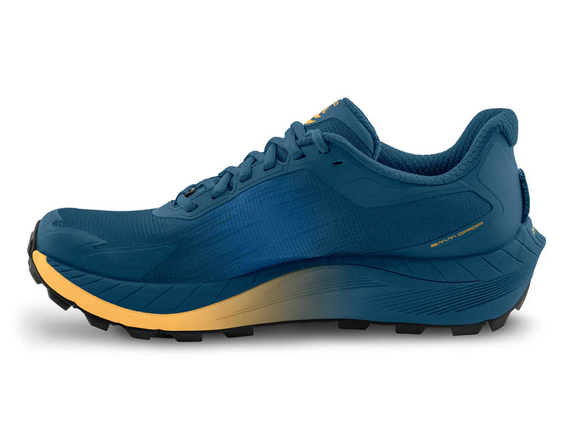 MTN Racer 4 - Men by Topo Athletic in blue and yellow max-cushioned trail runner with ZipFoam midsole for rugged terrain running