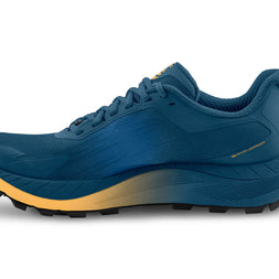 MTN Racer 4 - Men by Topo Athletic in blue and yellow max-cushioned trail runner with ZipFoam midsole for rugged terrain running