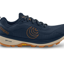 Topo Terraventure 5 men's trail running shoe in Navy/Orange, side view of navy upper, tan midsole and orange outsole