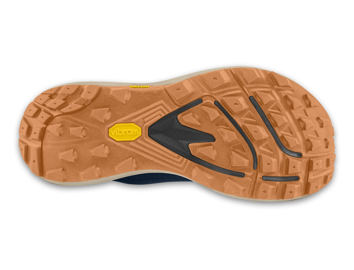 Outsole of the Topo Terraventure 5 men's trail running shoe in Navy/Orange with Vibram rubber