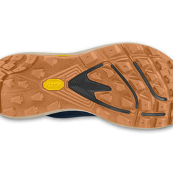 Outsole of the Topo Terraventure 5 men's trail running shoe in Navy/Orange with Vibram rubber