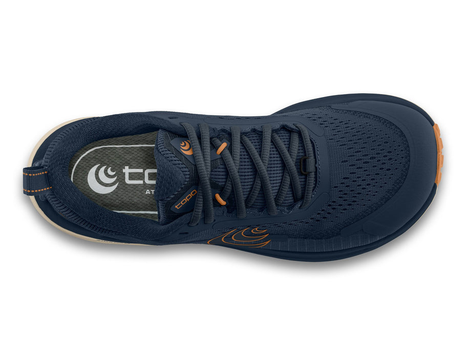 Top-down view of the Topo Terraventure 5 men's trail running shoe in Navy/Orange, showing the wide toe box