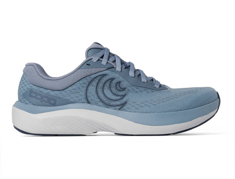 Topo Magnifly 6 men's road running shoe in Blue/Grey, side view of light blue upper and grey midsole
