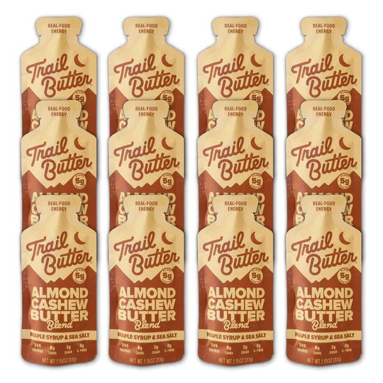 Almond Cashew Butter - Maple Syrup & Sea Salt by Trail Butter in beige packaging, silky nut butter with real maple syrup and sea salt, healthy energy snack