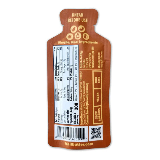 Almond Cashew Butter - Maple Syrup & Sea Salt by Trail Butter in brown pouch, silky-smooth nut butter with real maple syrup and sea salt for a healthy snack