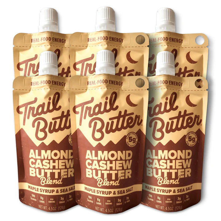 Maple Syrup & Sea Salt by Trail Butter in brown and beige, almond cashew butter blend with real maple syrup, ideal for natural energy and outdoor nutrition