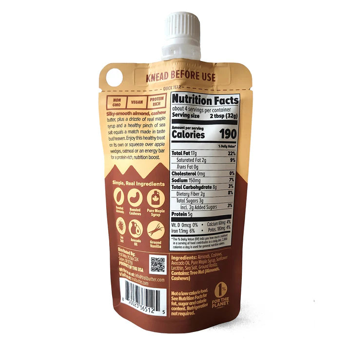 Maple Syrup & Sea Salt by Trail Butter in brown pouch with nutritional facts, natural ingredients, and energy-boosting maple syrup blend
