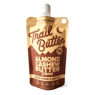 Maple Syrup & Sea Salt by Trail Butter in brown and beige pouch, almond cashew butter blend with real maple syrup and sea salt for natural energy