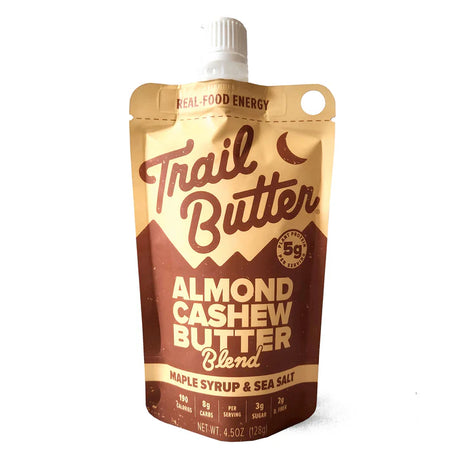 Maple Syrup & Sea Salt by Trail Butter in brown and beige pouch, almond cashew butter blend with real maple syrup and sea salt for natural energy