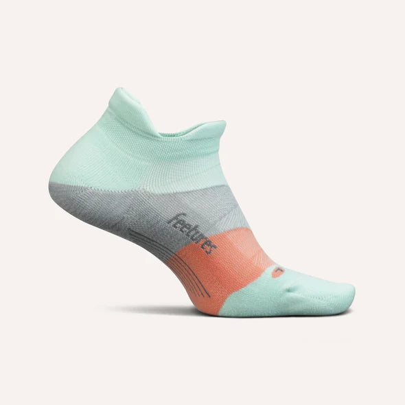 Elite Ultra Light Cushion No Show Tab - 2023 by Feetures in mint, grey and coral, anatomical running sock with targeted compression for long-distance running